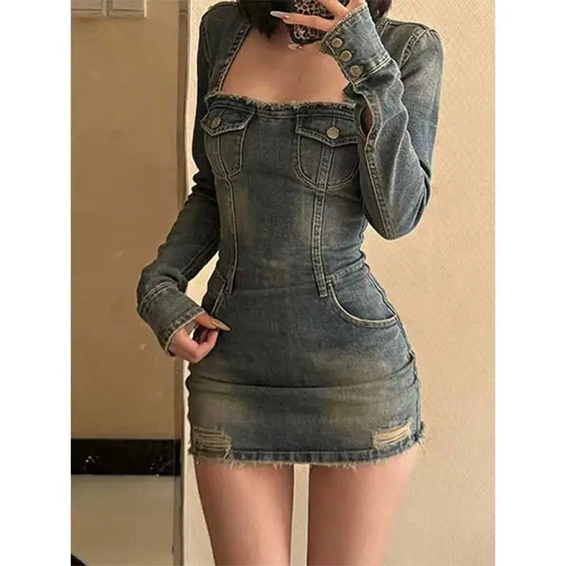 2026 Summer Fashion Temperament Long Sleeve Denim Dress Female American Spice Girl Retro Slim Buttocks Short Skirt