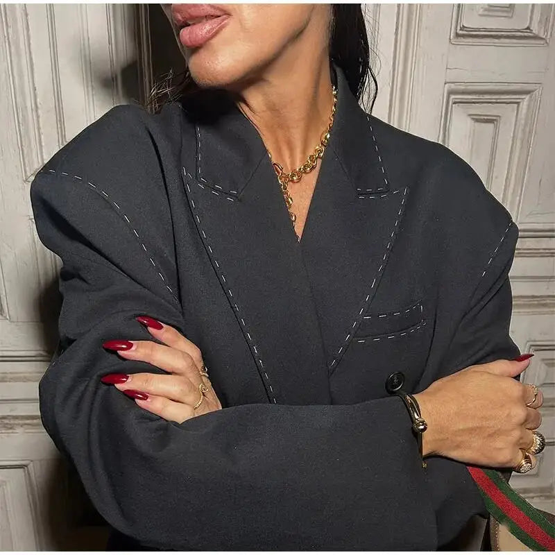 Striped Blazer Coat Women Casual Loose Lapel Double-breasted Long Sleeve Coat 2026 Spring New Office Lady Commuter Blazer Jacket