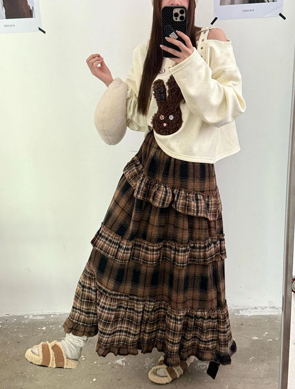2026 New Tiered Ruffled Plaid Skirt Women's High Waist Long Maxi Skirt Vintage Cottagecore Aesthetic Daily Skirt