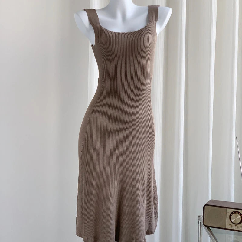 Spring Summer Skinny Mini Sleeveless Knit Dress Women Camisole Dresses Fashion Female Vintage Elastic Straps Knitted Dress