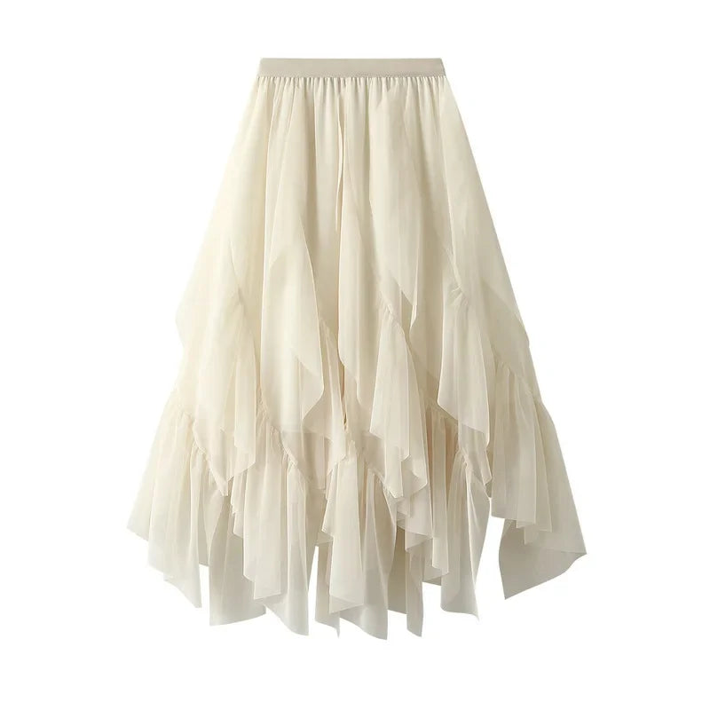 Women's Lotus Leaf Edge A Line Fairy Elastic Waist Tulle Skirt Midi High Waist Mesh Dress Solid Color Irregular Yarn Skirt D8808