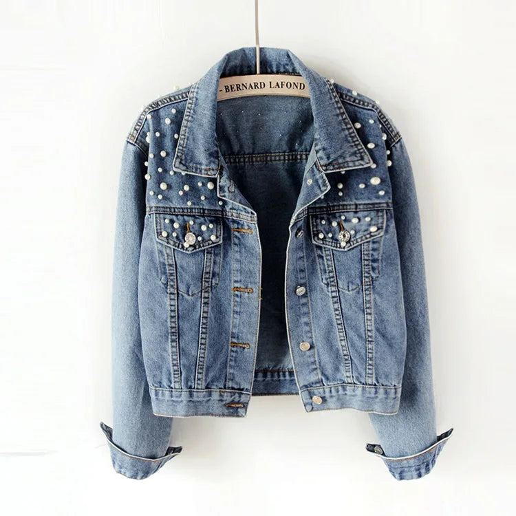 Denim Coats Women Pearls Jacket Outdoor Casual Cotton Jackets Denim Outerwear Autumn Spring Cowboy Overcoats Y2k Streetwear Coat