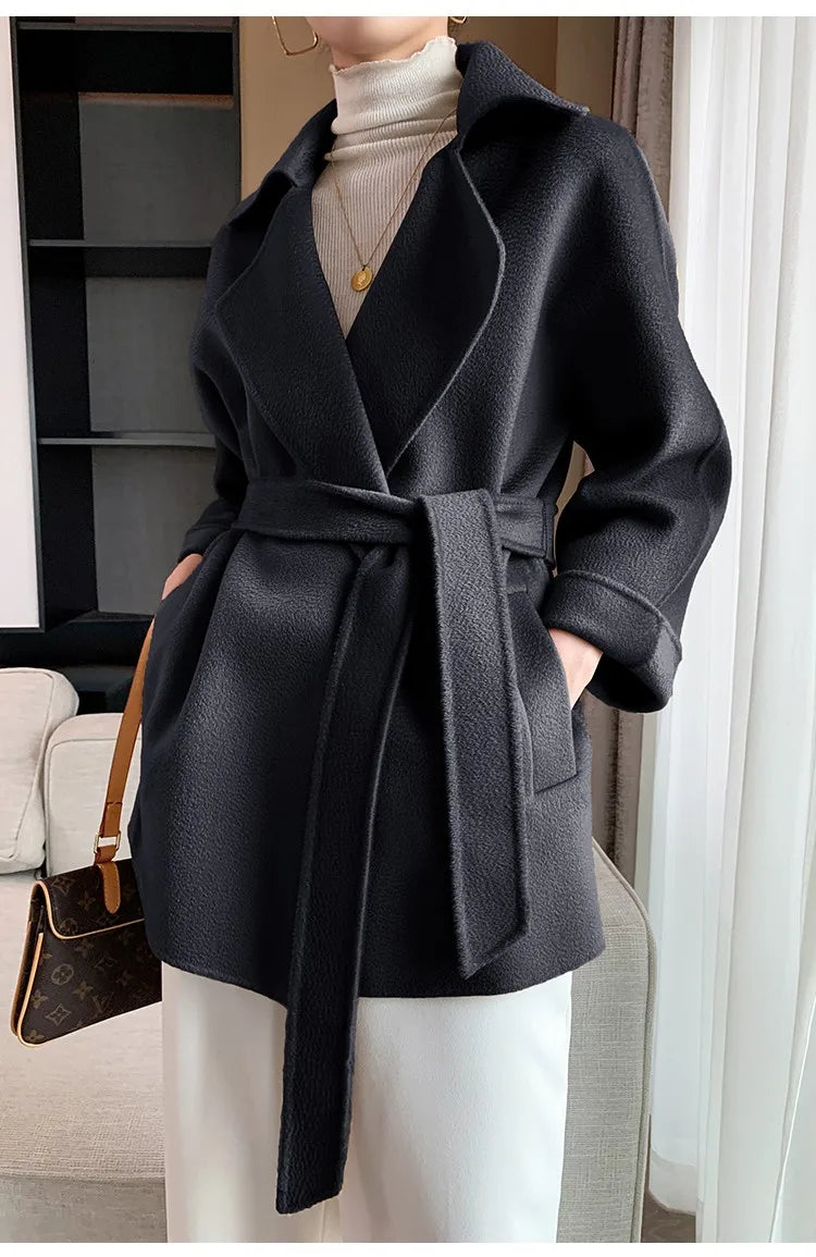 Autumn New Short Double-sided Cashmere Water Ripple Coat Women Turn-down Collar Loose Tempeament Warm Casual wool Jacket Female