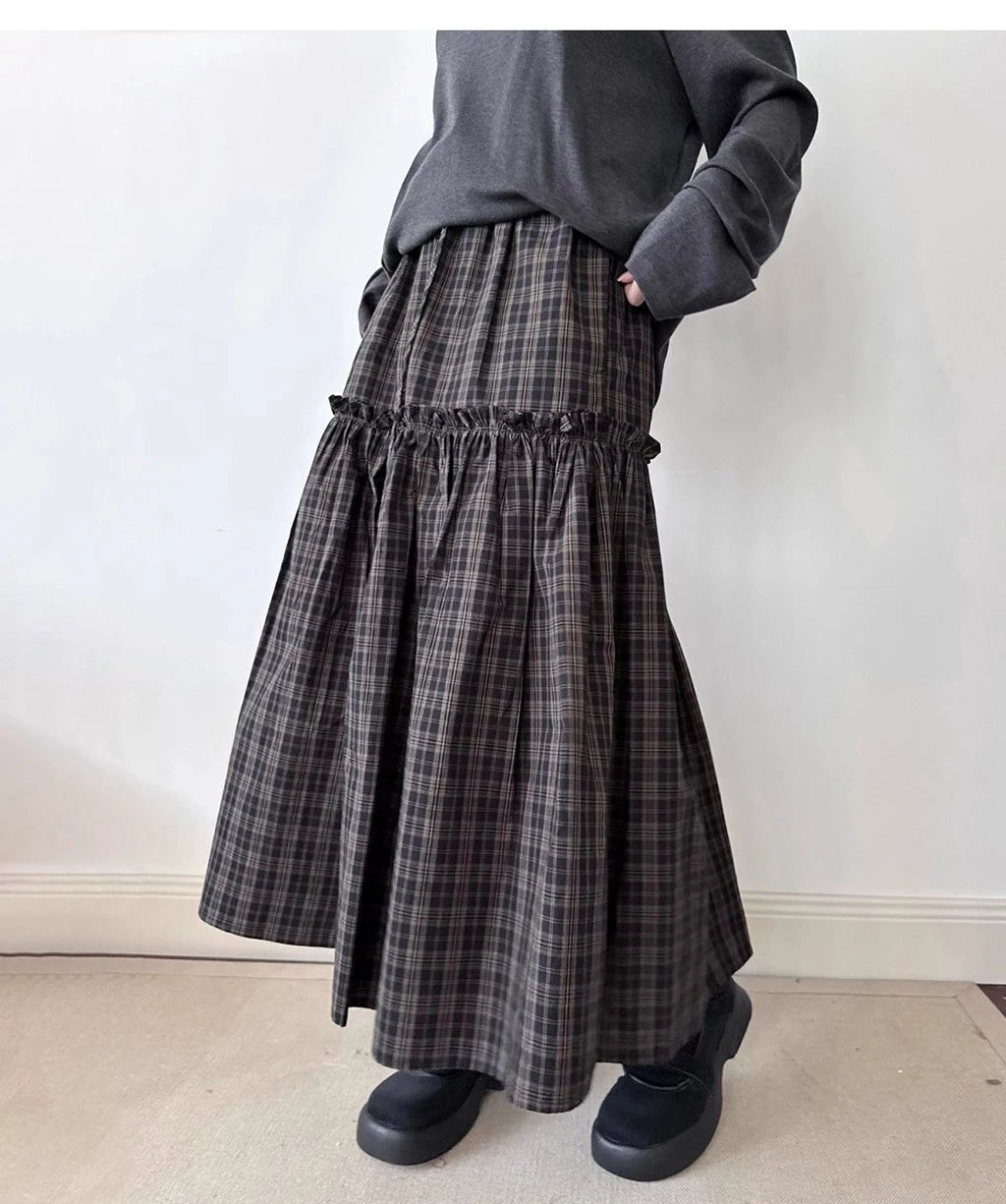 Vintage Plaid Pleated Midi Skirt Women's Autumn Winter High Waist A-Line Swing Skirt Casual Loose Retro Long Skirts Fashion Stre