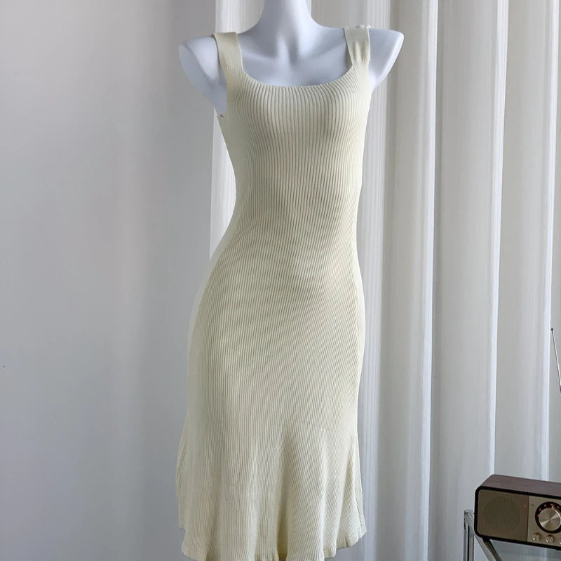 Spring Summer Skinny Mini Sleeveless Knit Dress Women Camisole Dresses Fashion Female Vintage Elastic Straps Knitted Dress