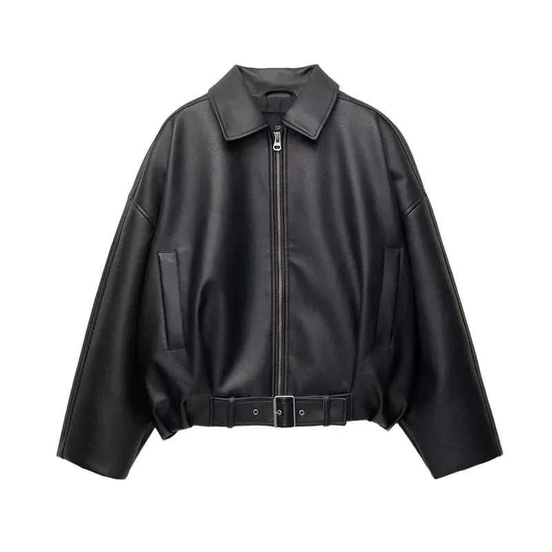 Stand Collar Short Leather Jacket Women Zipper Solid Single Breasted Full Sleeve Lapel Belt Coat 2026 Autumn Lady Chic Outwears