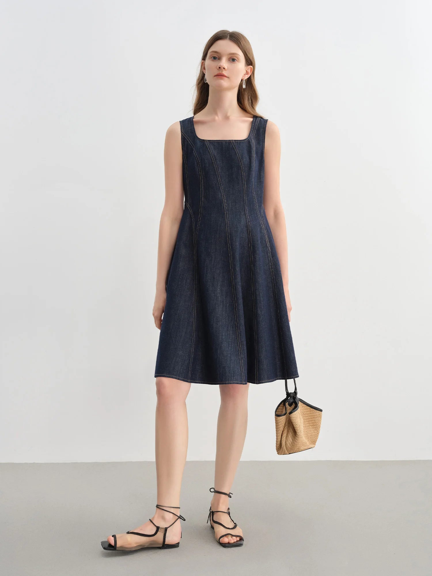 DUSHU Plus Size Denim Dress Women Summer Lyocell Tencel Breathable Slim Vest Dress Line Carved Dress 25DS82810