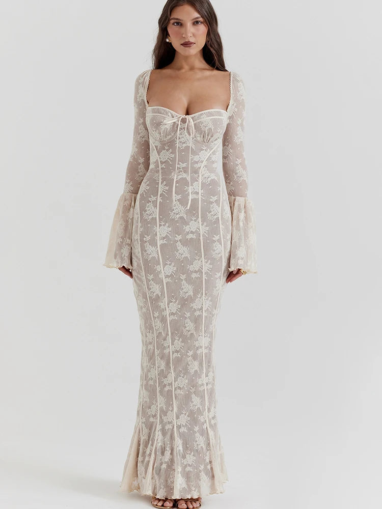 Sexy Square Collar Maxi Dress For Women Black Long Sleeve Lace Up Dress