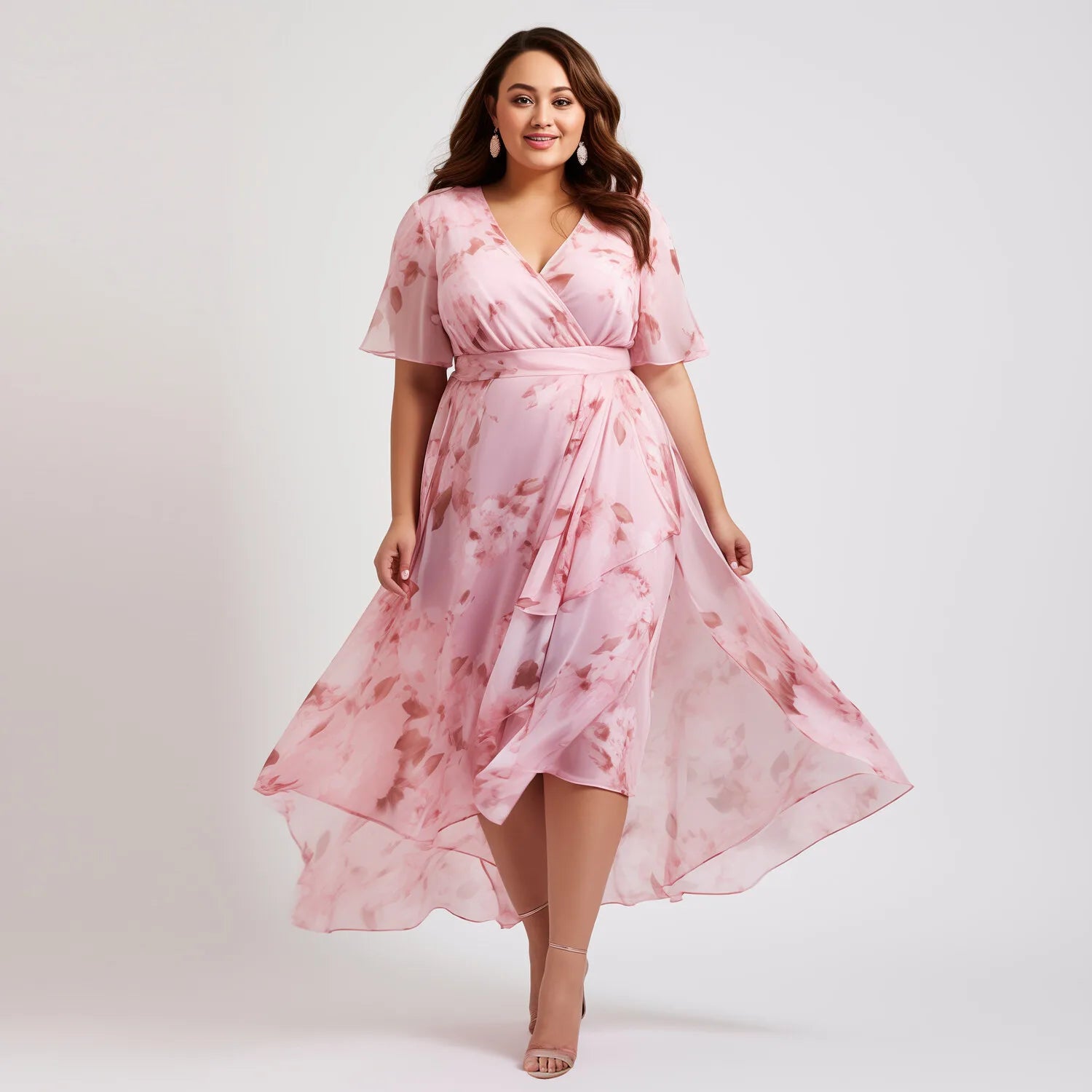 Plus Size Vacation Pink Chiffon Floral Print Wrap Slit Maxi Dress