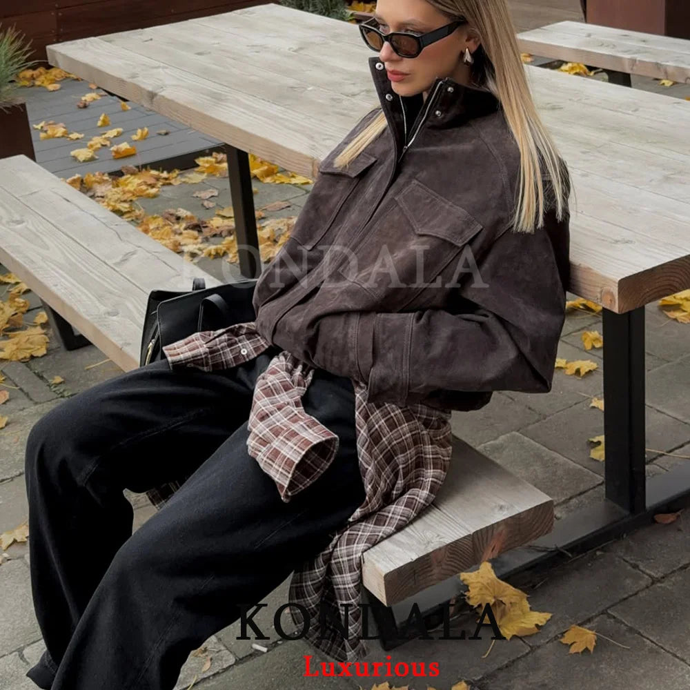 KONDALA Chic Suede Women Bomber Jacket Women Long Sleeve Pockets Straight Loose Coat Fashion 2026 Fall Winter Streetwear Outwear
