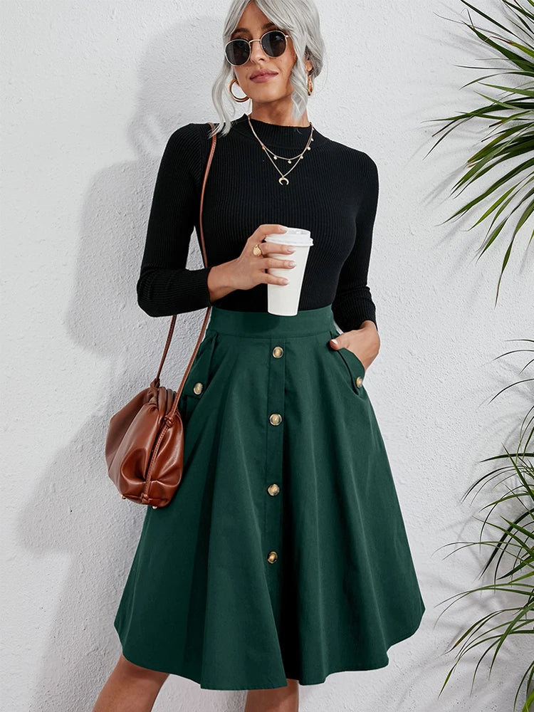 Chic Women's Dark Green Flared Midi Skirt Metal Button Detail With Pockets Versatile Casual Office Daily Wear Skirt