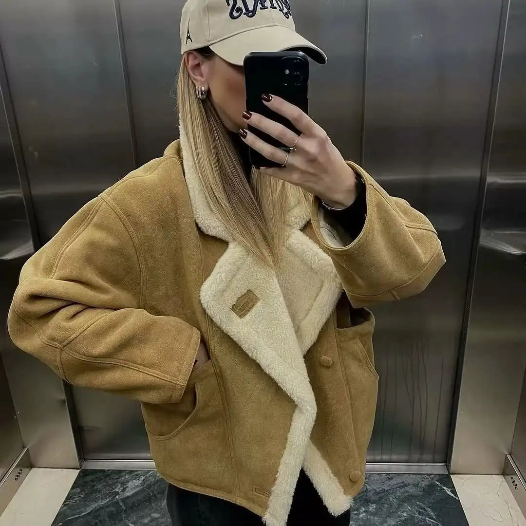 Fashion Lamb Wool Patchwork Suede Jacket Women Lapel Long Sleeve Single Breasted Loose Short Coat Winter Lady Street Outwear
