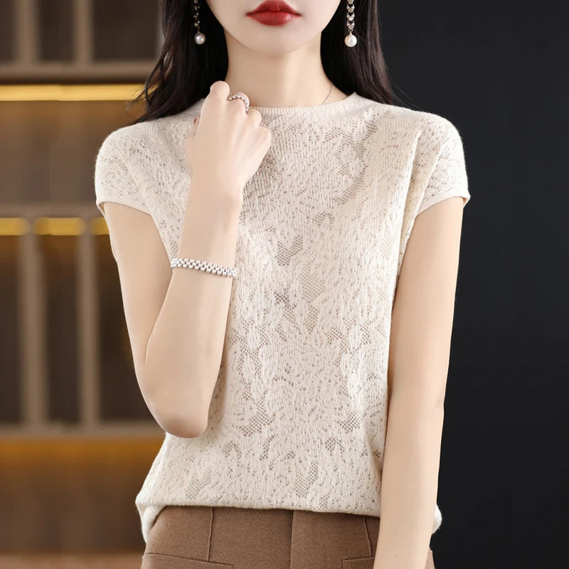 Women's T-shirt Summer New Knitted Sweater Short Sleeve Casual Solid Color O-Neck Pullover Loose Korean Fashion Top T-shirt