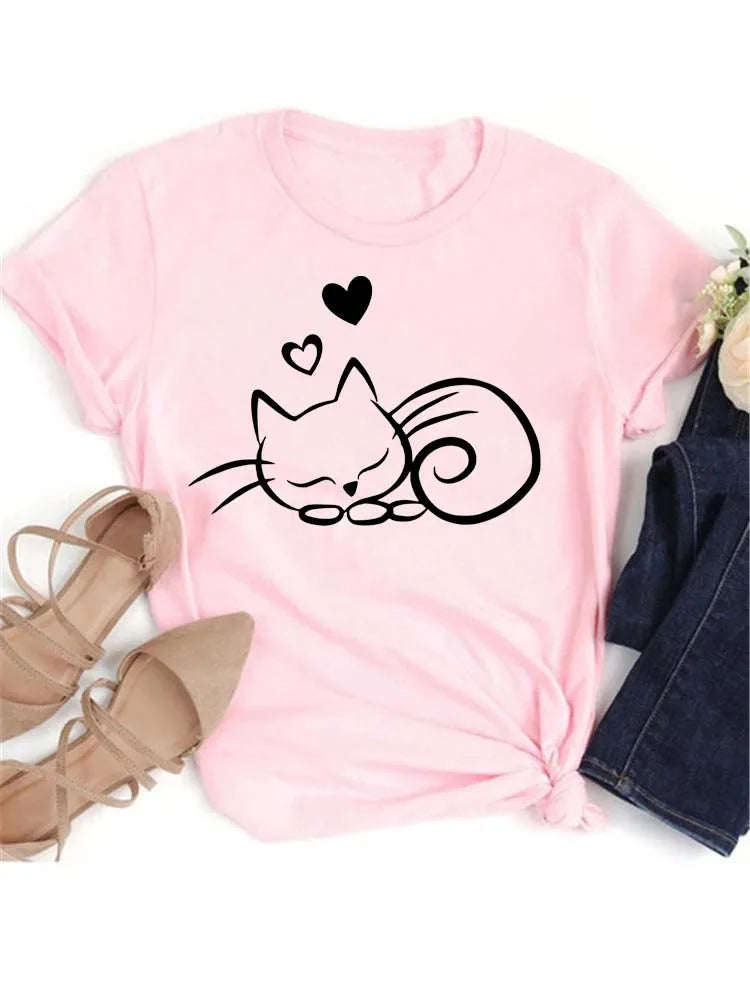 Women Kawaii Cats Print Summer Cute Women Tshirt Funny Cartoon T Shirt Female Ullzang T-shirt 90s Fashion Korean Style Top Tee