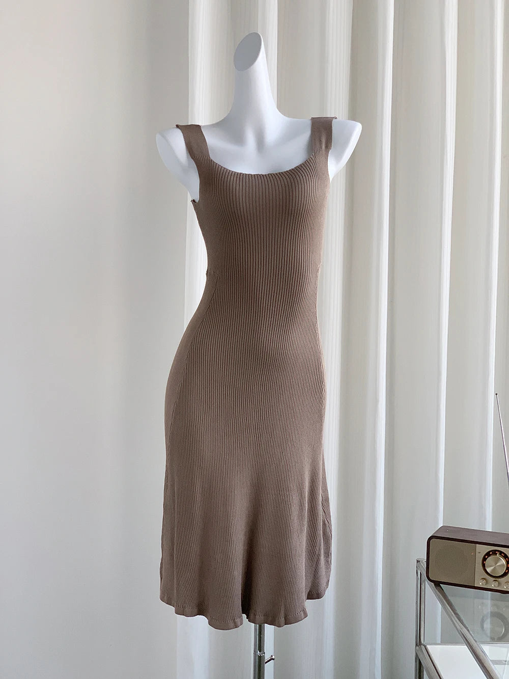 Spring Summer Skinny Mini Sleeveless Knit Dress Women Camisole Dresses Fashion Female Vintage Elastic Straps Knitted Dress