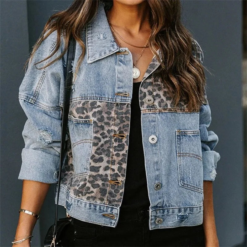 Autumn and Winter Denim Jacket Women Long Sleeve Leopard Print Splicing Denim Jacket Coat Women