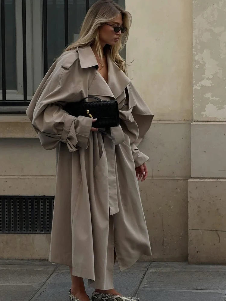 Women Lace Up Shawl Sleeve Windbreaker Fashion Solid Lapel Single Breasted Loose Trench Coat 2026 Autumn Lady Commuter Outwear