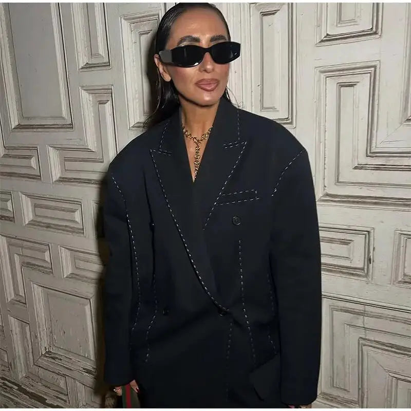 Striped Blazer Coat Women Casual Loose Lapel Double-breasted Long Sleeve Coat 2026 Spring New Office Lady Commuter Blazer Jacket