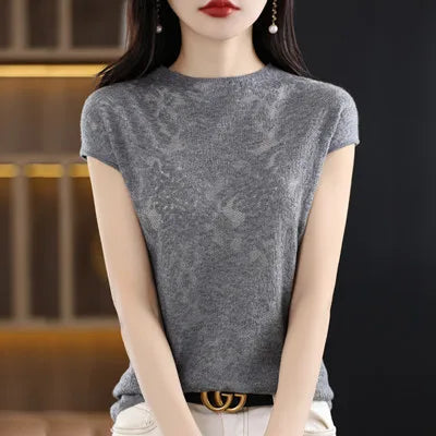 Women's T-shirt Summer New Knitted Sweater Short Sleeve Casual Solid Color O-Neck Pullover Loose Korean Fashion Top T-shirt