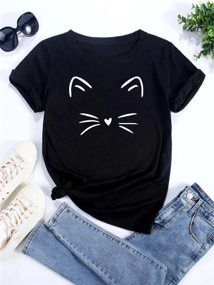 Women Kawaii Cats Print Summer Cute Women Tshirt Funny Cartoon T Shirt Female Ullzang T-shirt 90s Fashion Korean Style Top Tee