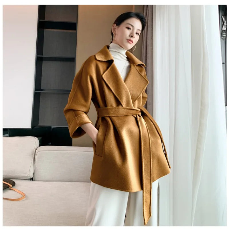Autumn New Short Double-sided Cashmere Water Ripple Coat Women Turn-down Collar Loose Tempeament Warm Casual wool Jacket Female