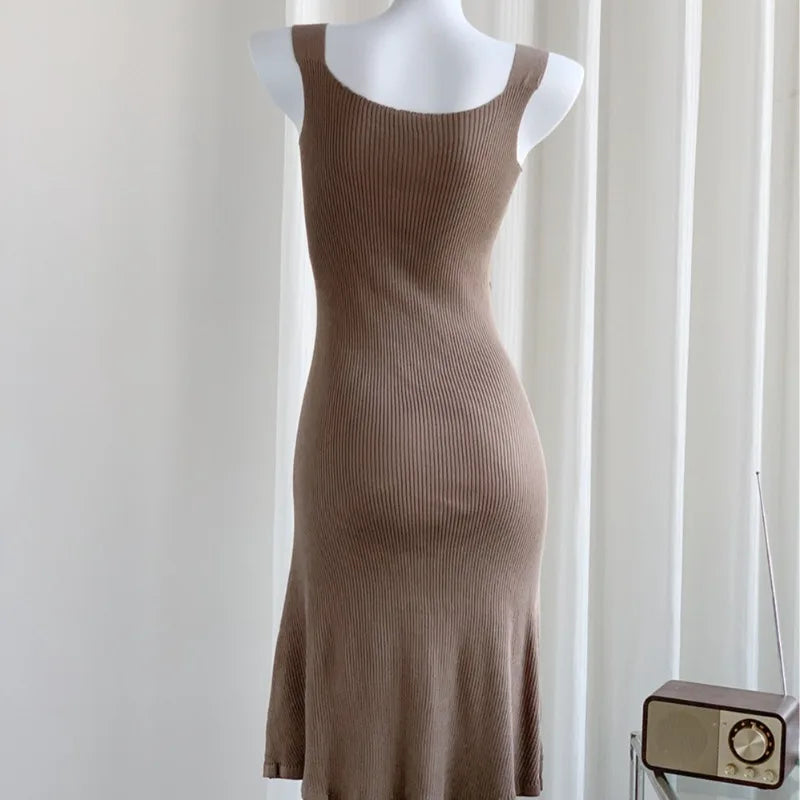 Spring Summer Skinny Mini Sleeveless Knit Dress Women Camisole Dresses Fashion Female Vintage Elastic Straps Knitted Dress