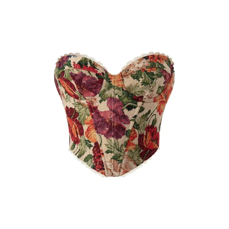 Vintage Flower Print Tight Corset Sleeveless Strapless Fishbone Tank Women Summer Slim Fit Crop Tops Hottie Streetwear Tube Tops