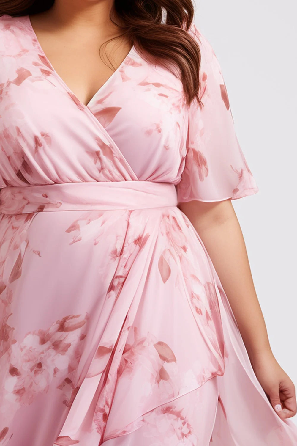 Plus Size Vacation Pink Chiffon Floral Print Wrap Slit Maxi Dress