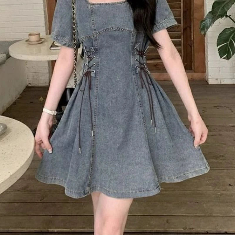 Women's French Style Denim Dress 2026 Summer New Arrival Vintage Wash Waist Tuck Belly Cover Bubble Sleeve Casual Mini Dress