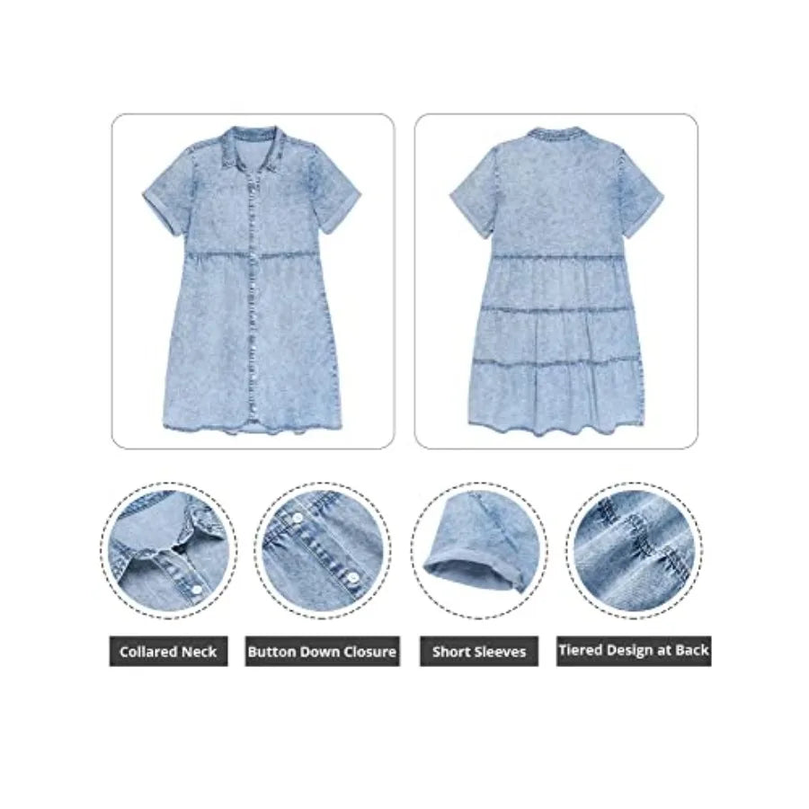 GRAPENT Denim Dress for Women Babydoll Tiered Short Sleeve Button Down Jean Shirt Dresses