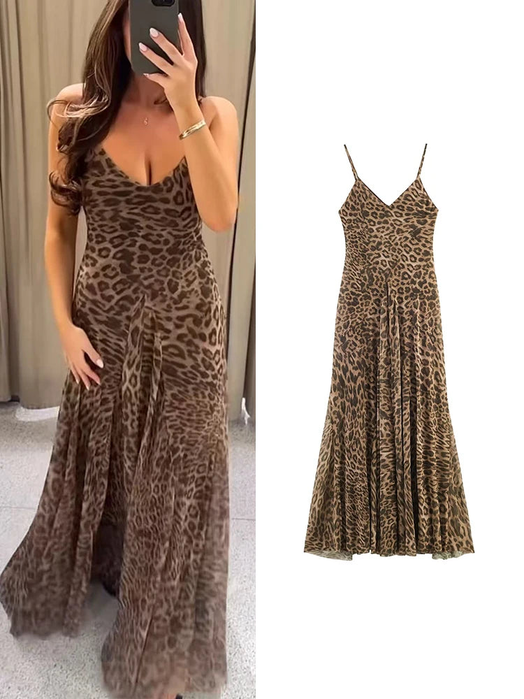 TFMLN Summer Women Vintage Leopard Print Sling Dress Sexy Party Suspender Sleeveless Backless Slimming Maxi Dress Lady New