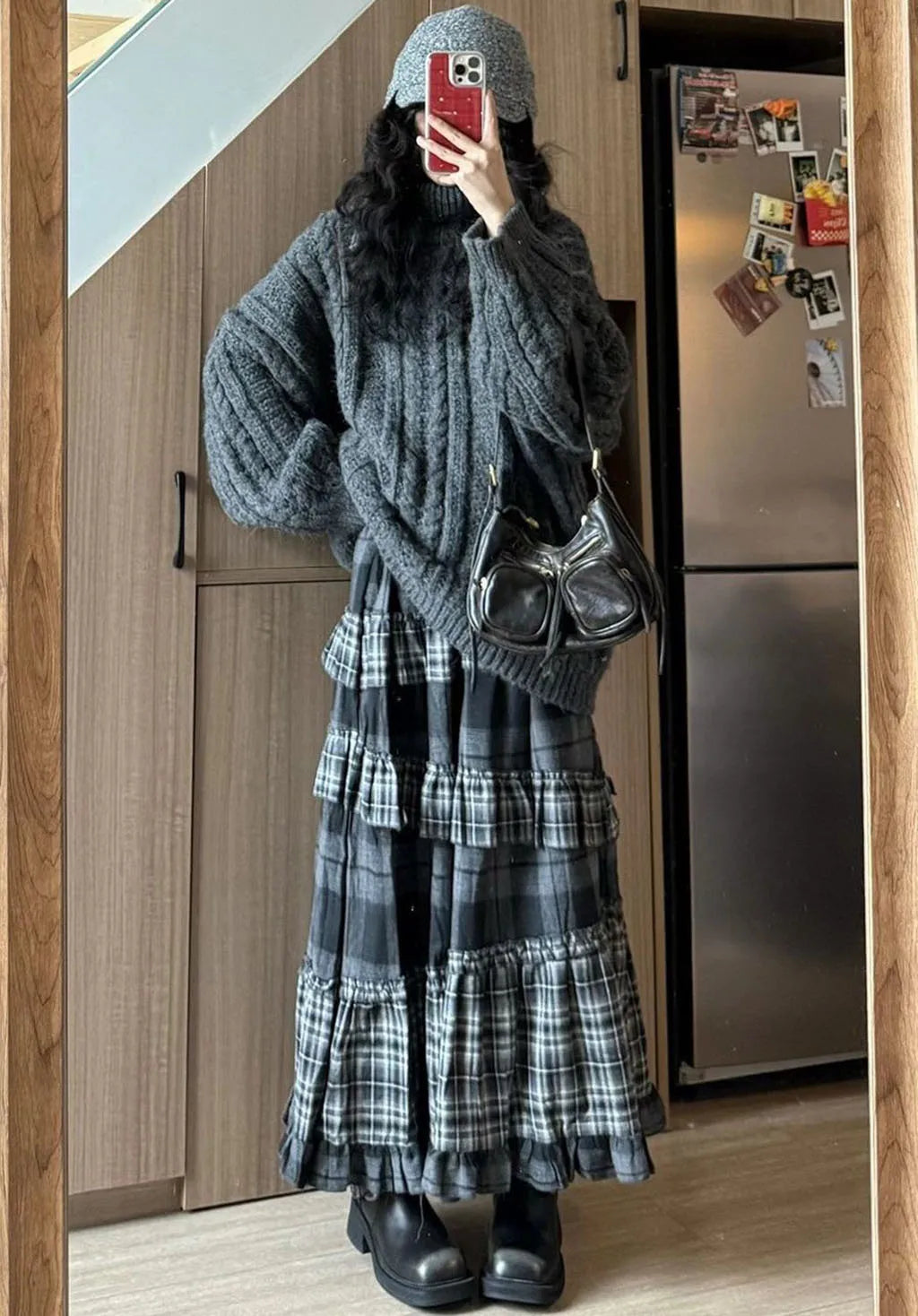 2026 New Tiered Ruffled Plaid Skirt Women's High Waist Long Maxi Skirt Vintage Cottagecore Aesthetic Daily Skirt