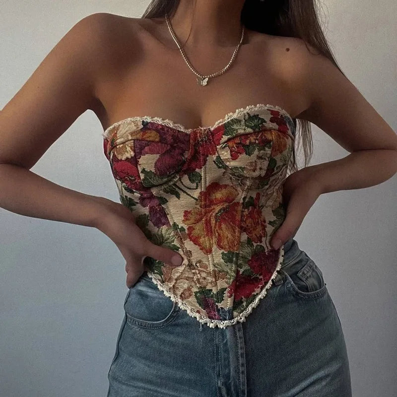 Vintage Flower Print Tight Corset Sleeveless Strapless Fishbone Tank Women Summer Slim Fit Crop Tops Hottie Streetwear Tube Tops
