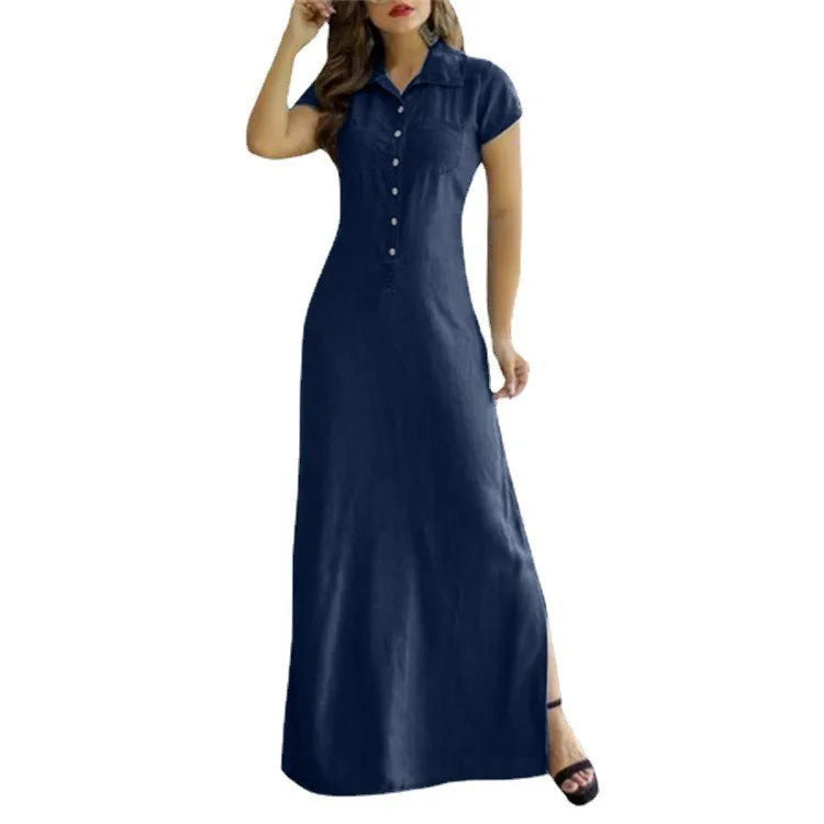 Europe And America Cross Border New Long Dress Shirt Collar Split Pocket Large Swing Dress Large Casual Denim Dress
