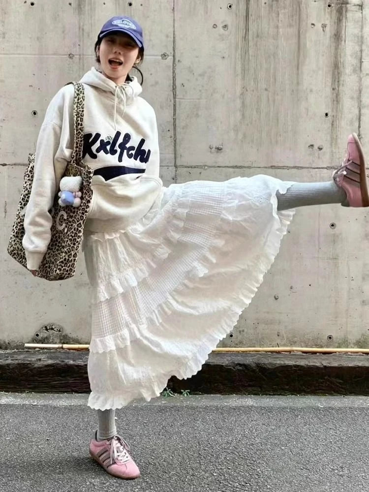 Spring Summer New Women Skirts Vintage High Waist Elastic Patchwork White Black Chic Long Cake A-line Skirt