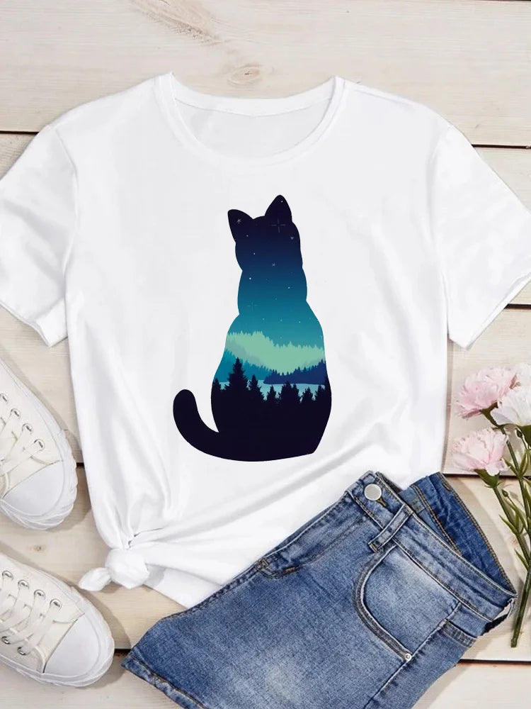 Women Kawaii Cats Print Summer Cute Women Tshirt Funny Cartoon T Shirt Female Ullzang T-shirt 90s Fashion Korean Style Top Tee