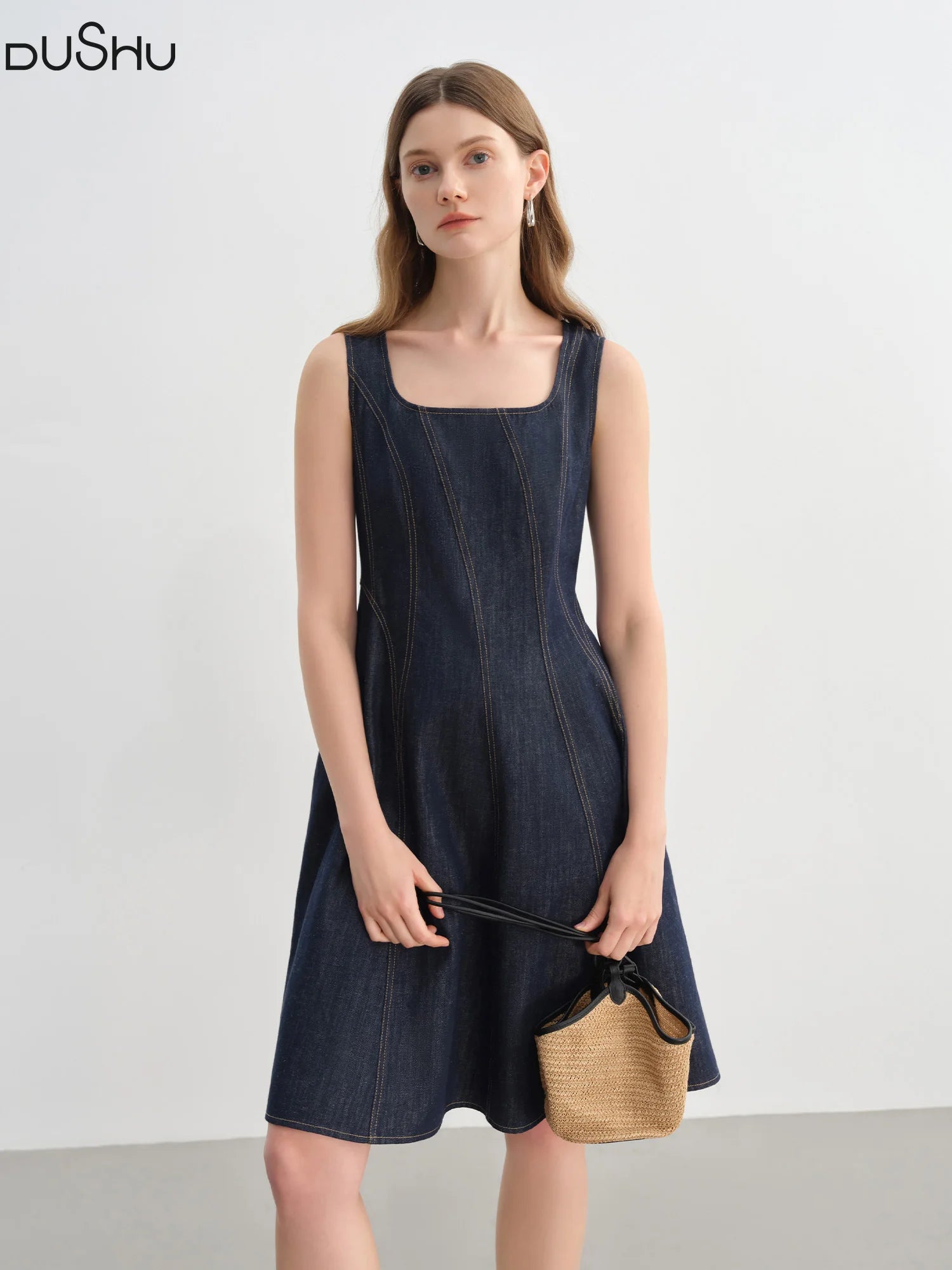 DUSHU Plus Size Denim Dress Women Summer Lyocell Tencel Breathable Slim Vest Dress Line Carved Dress 25DS82810