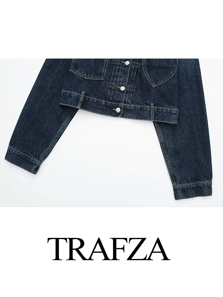 HH Women Dark Blue Denim Coat Heart Pattern Outerwear Long Sleeve Single Breasted Jacket Spring Female Chic Top Coats