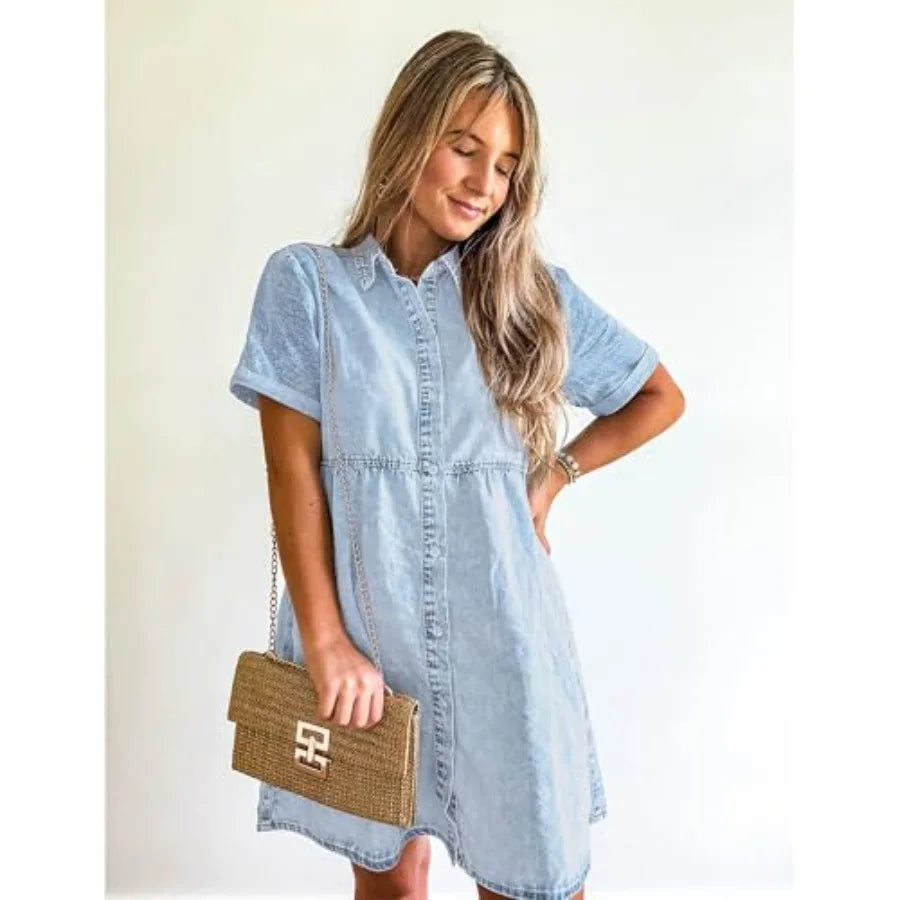 GRAPENT Denim Dress for Women Babydoll Tiered Short Sleeve Button Down Jean Shirt Dresses