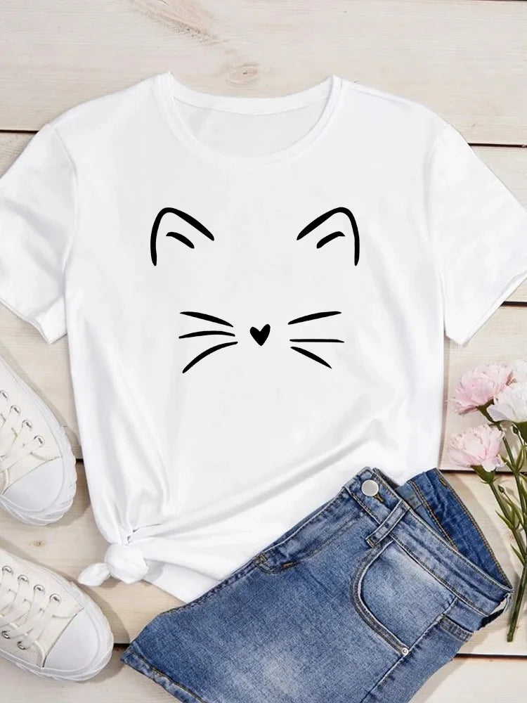 Women Kawaii Cats Print Summer Cute Women Tshirt Funny Cartoon T Shirt Female Ullzang T-shirt 90s Fashion Korean Style Top Tee
