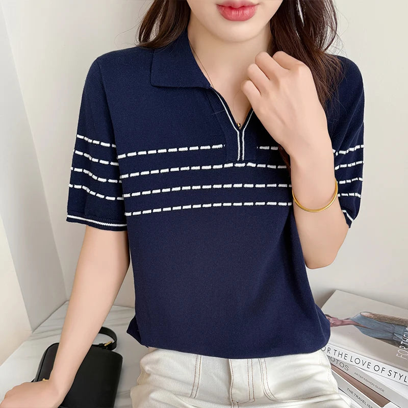Summer women's 100% pure cotton T-shirt casual striped knitted Tees loose POLO collar Tops basic white versatile wholesale