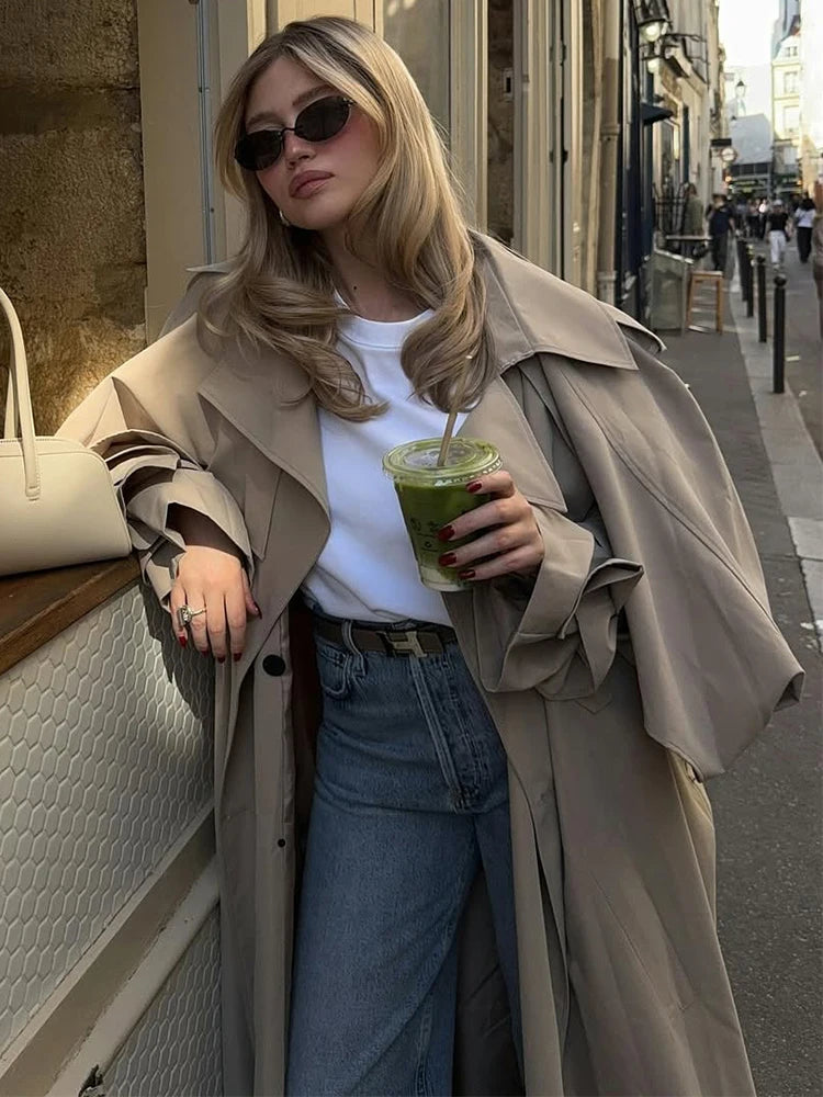 Women Lace Up Shawl Sleeve Windbreaker Fashion Solid Lapel Single Breasted Loose Trench Coat 2026 Autumn Lady Commuter Outwear