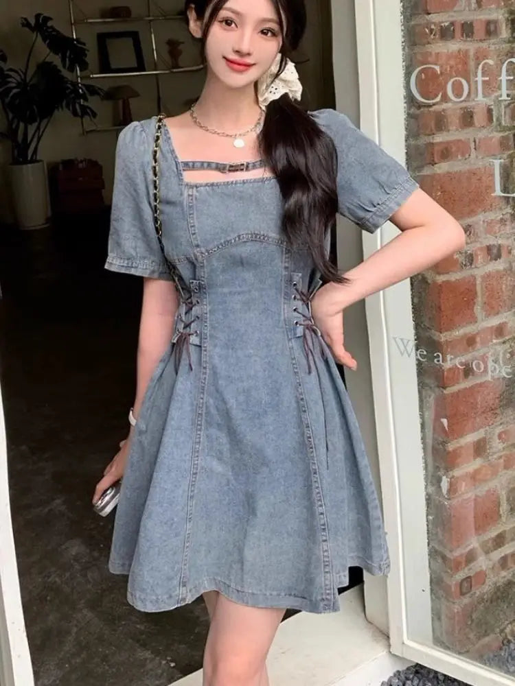 Women's French Style Denim Dress 2026 Summer New Arrival Vintage Wash Waist Tuck Belly Cover Bubble Sleeve Casual Mini Dress