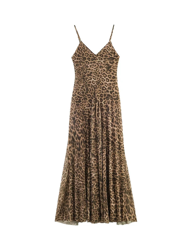 TFMLN Summer Women Vintage Leopard Print Sling Dress Sexy Party Suspender Sleeveless Backless Slimming Maxi Dress Lady New