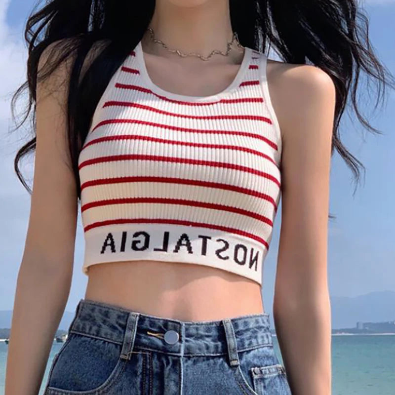 ITOOLIN Women Stripes Sexy Slim Crop Top Letter Printed Sports Tank Top Y2k Sleeveless Street Camis Beach Top Spring Summer