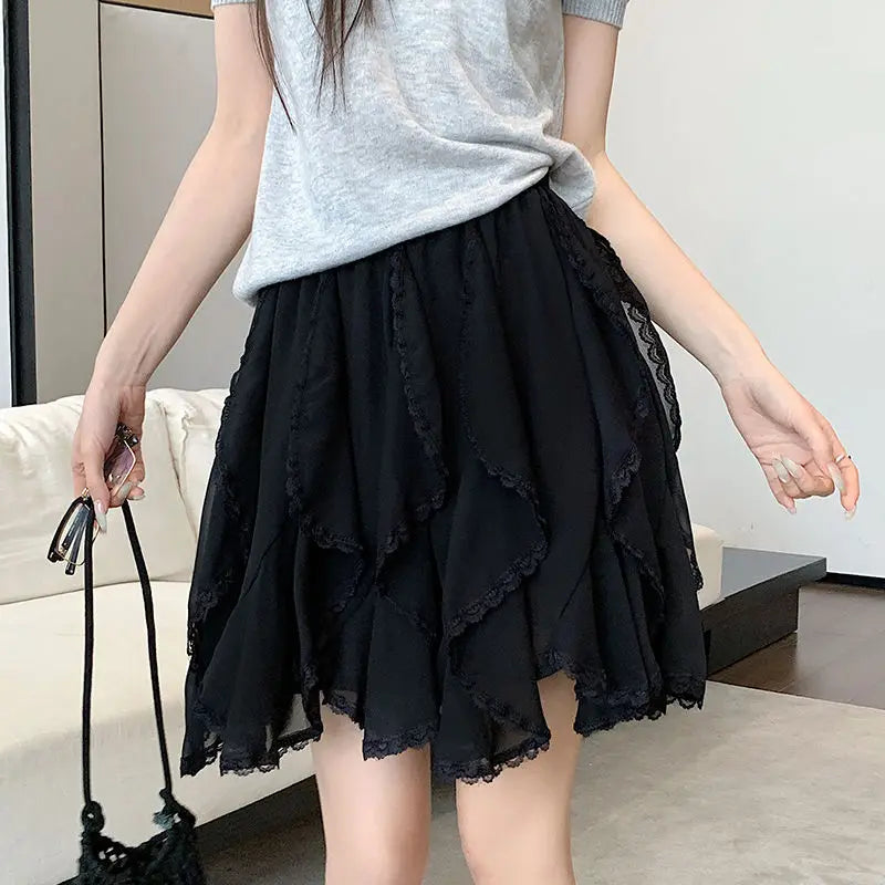 Women's Tutu Tulle Skirt Asymmetrica Chiffon Korean Version Elastic Waist Knee-Length Lace Splicing Layered Puffy Cake Skirt