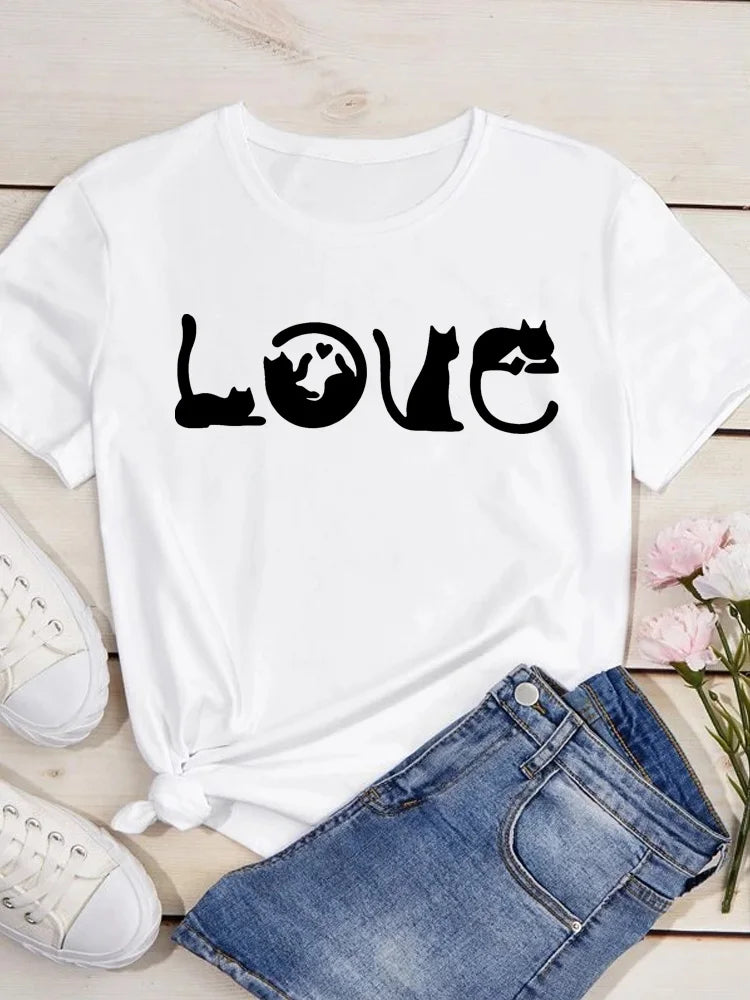 Women Kawaii Cats Print Summer Cute Women Tshirt Funny Cartoon T Shirt Female Ullzang T-shirt 90s Fashion Korean Style Top Tee