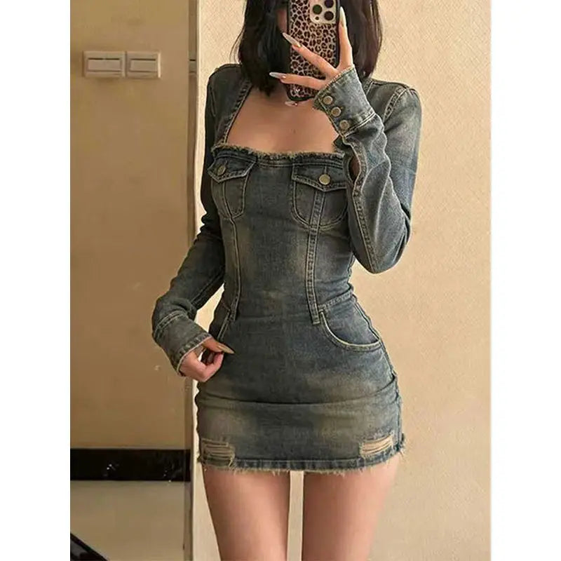 2026 Summer Fashion Temperament Long Sleeve Denim Dress Female American Spice Girl Retro Slim Buttocks Short Skirt