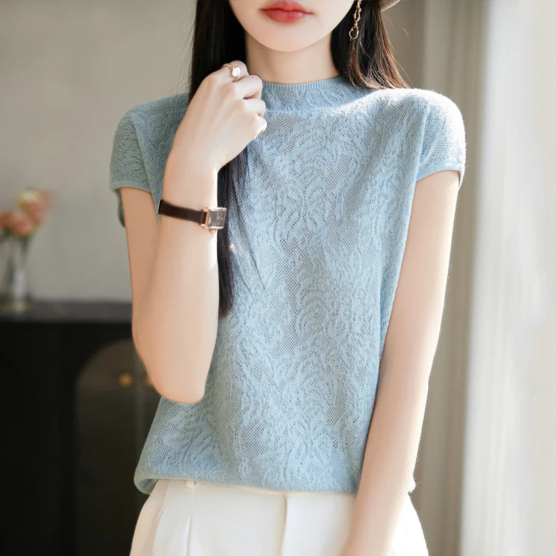 Women's T-shirt Summer New Knitted Sweater Short Sleeve Casual Solid Color O-Neck Pullover Loose Korean Fashion Top T-shirt