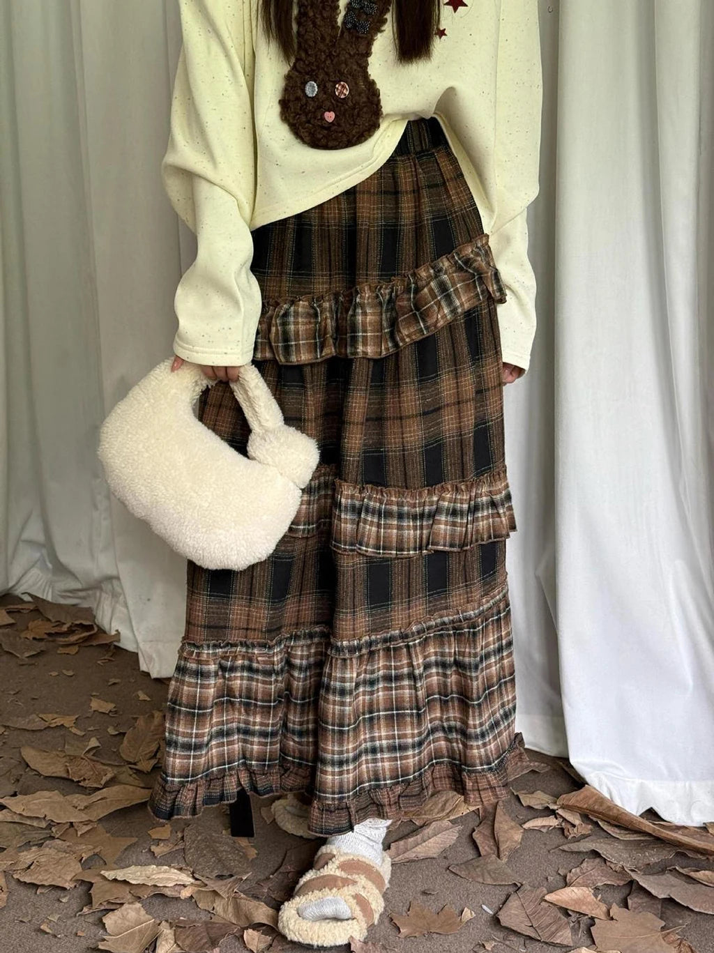 2026 New Tiered Ruffled Plaid Skirt Women's High Waist Long Maxi Skirt Vintage Cottagecore Aesthetic Daily Skirt